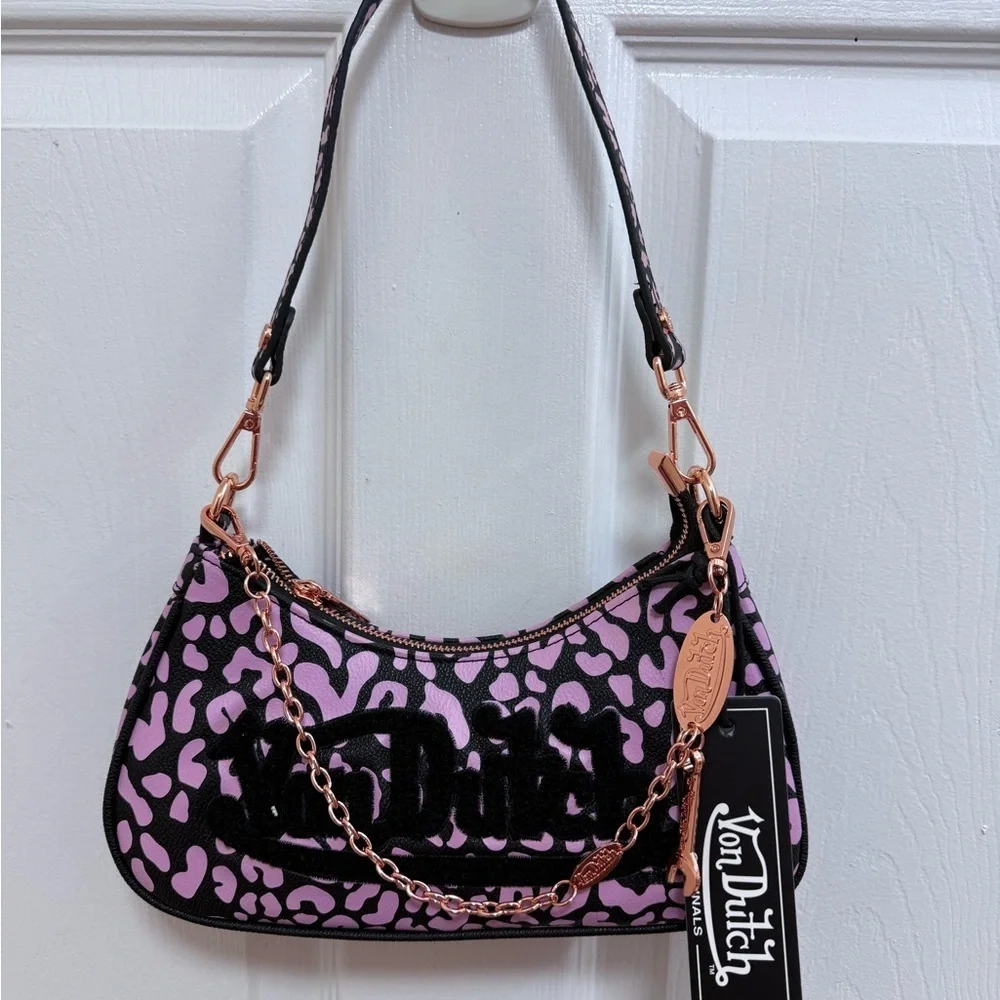 NWT Von Dutch Pink Cheetah Shoulder Bag w/Puffed Lettering and Charms